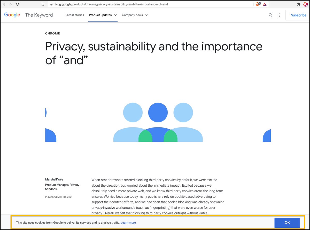 PrivacyMatters's tweet image. Irony alert.

A global #DataVampire publishes info on how they&apos;re gonna better protect your privacy for a &quot;more private web.&quot; 

My bad. They&apos;re talking about 3rd party tracking .. not 1st party tracking on their own site .. oh, wait .... 

blog.google/products/chrom…