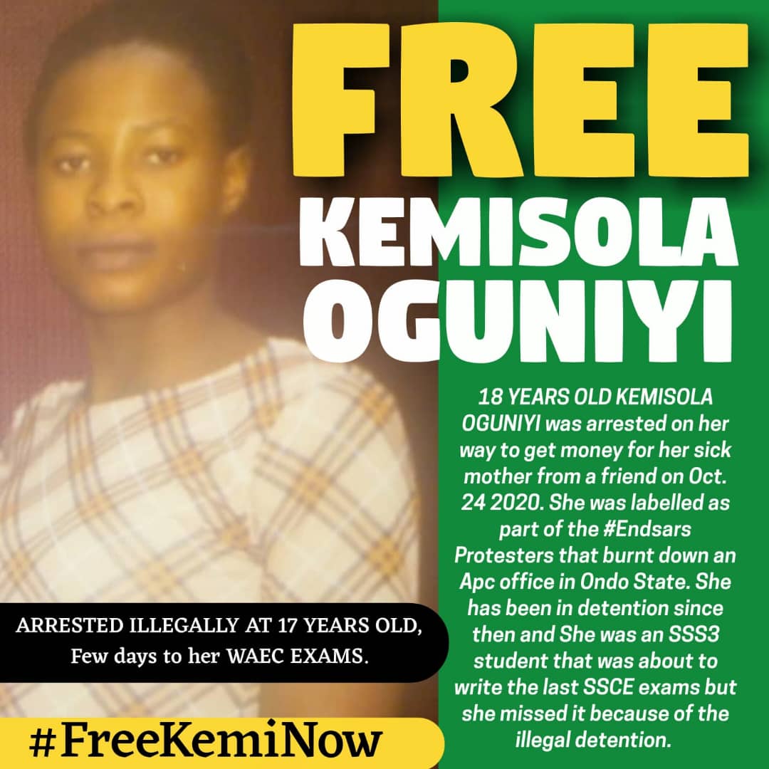 RevolutionNowNg's tweet photo. #FreeKemisola; 18 year old endSARS protester arrested since October 4, 2020, days before WASSCE. She's being remanded on a false accusation of burning down @OfficialAPCNg office in Ondo and has been forced to miss WASSCE. @RotimiAkeredolu and @PoliceNG_CRU should free Kemi now! https://t.co/49m3hltuIF