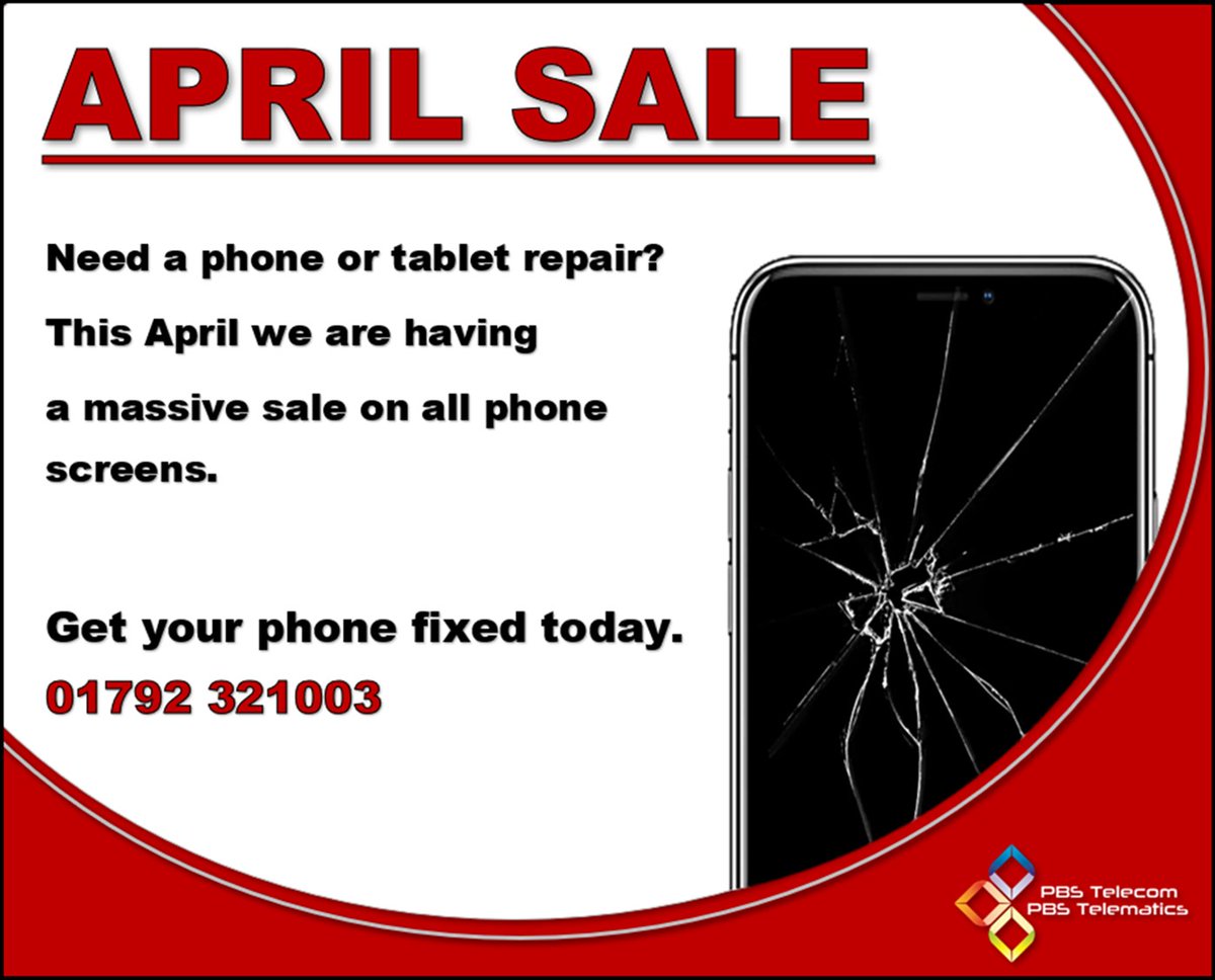 PBSTelecom's tweet photo. APRIL SCREEN SALE! 

This month we're offering sales on all phone screen replacements. Our technicians supply and fit all screens in store, all fitted with warranty. 

01792 321003 https://t.co/QB20uVODLC