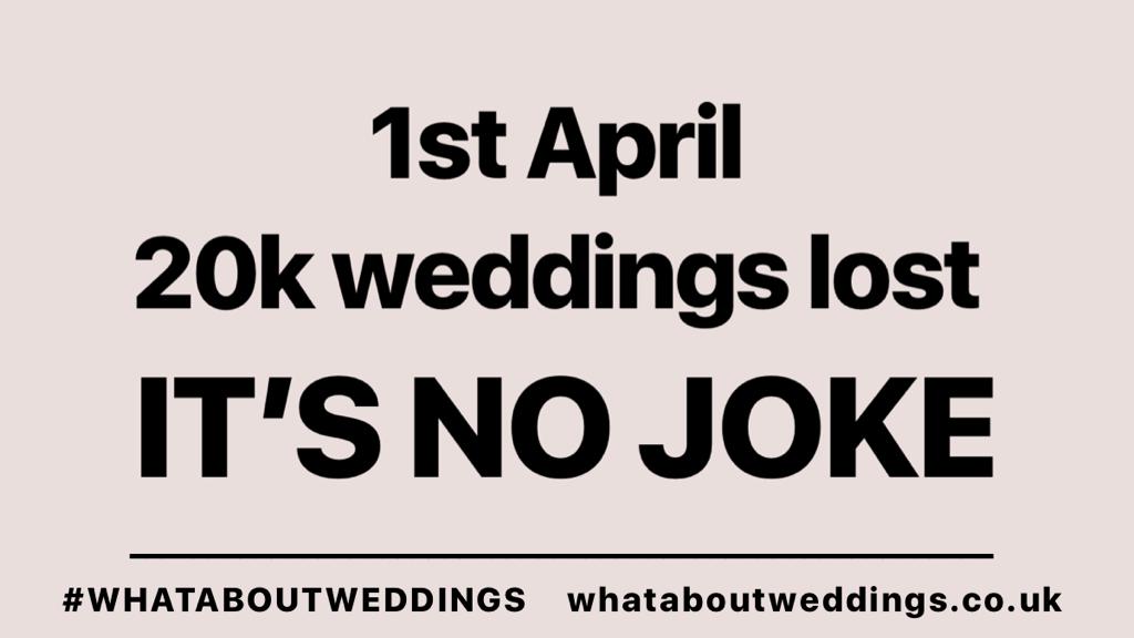 IT'S NO JOKE - the wedding season starts today but this year, 20,000 weddings will be lost in just this first month.

20,000 couples not marrying and hundreds of thousands of suppliers not working after a year of restrictions with no support.  1/6

#whataboutweddings