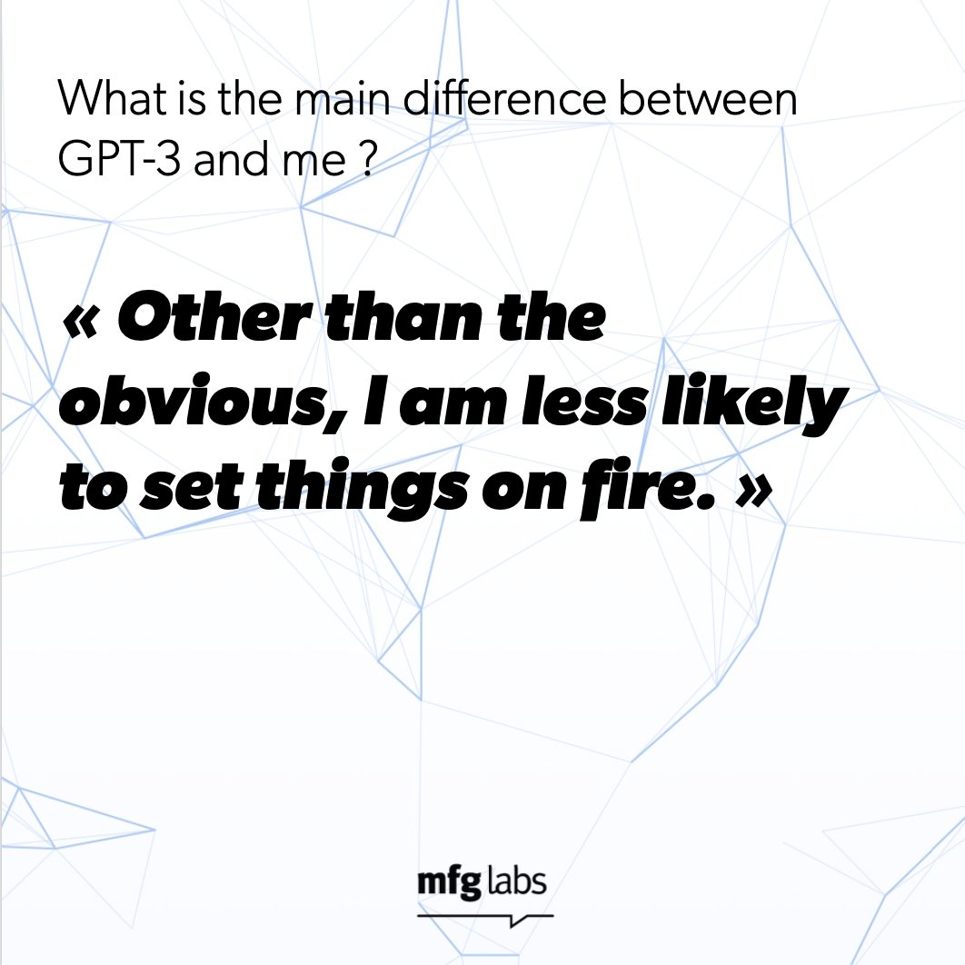 mfg_labs's tweet image. We talked to #GPT3 and asked him to generate some jokes about ... himself.

The @OpenAI  language model has a sense of humor!
Check out the best of our interactions 🐟