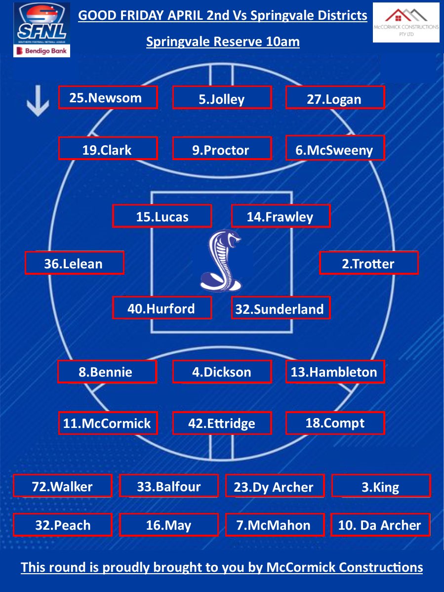 It’s finally here! Our first game of season 2021!
Here is the team that will be taking on <a href="/SpringyDees/">Springvale Districts</a> @ Springvale Reserve 10am on Good Friday