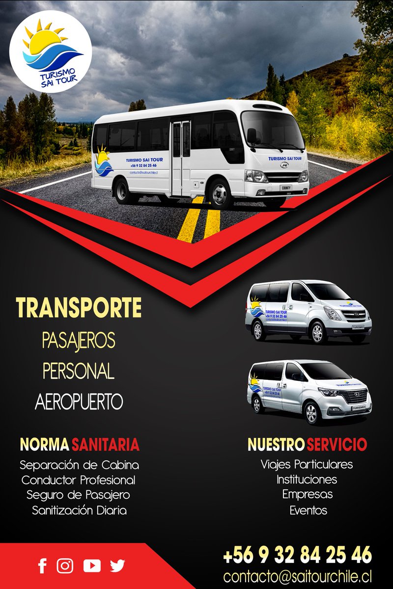 TurismoSaiTour's tweet photo. ✅ Transporte de Pasajeros
✅ Traslado de Personal
✅ Viajes Aeropuerto
✅ Viajes Particulares
✅ Traslados para Eventos
✅ Convenio Instituciones, Empresas, Agrupaciones

✔ Seguridad
✔ Confianza
✔ Responsabilidad

📞 +56 9 32 84 25 46
📧 contacto@saitourchile.cl

#Transporte https://t.co/GrVKFCSH74