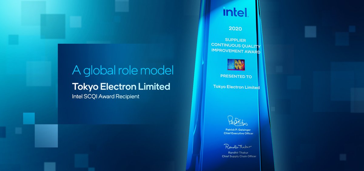 TokyoElectronEU's tweet photo. Today, #TEL is proud to announce that we have achieved the highest honor in the Intel supply chain: the Supplier Continuous Quality Improvement Award. #IntelSCQI 
https://t.co/FnnBD1zCA5 https://t.co/t0i7JAmdcY