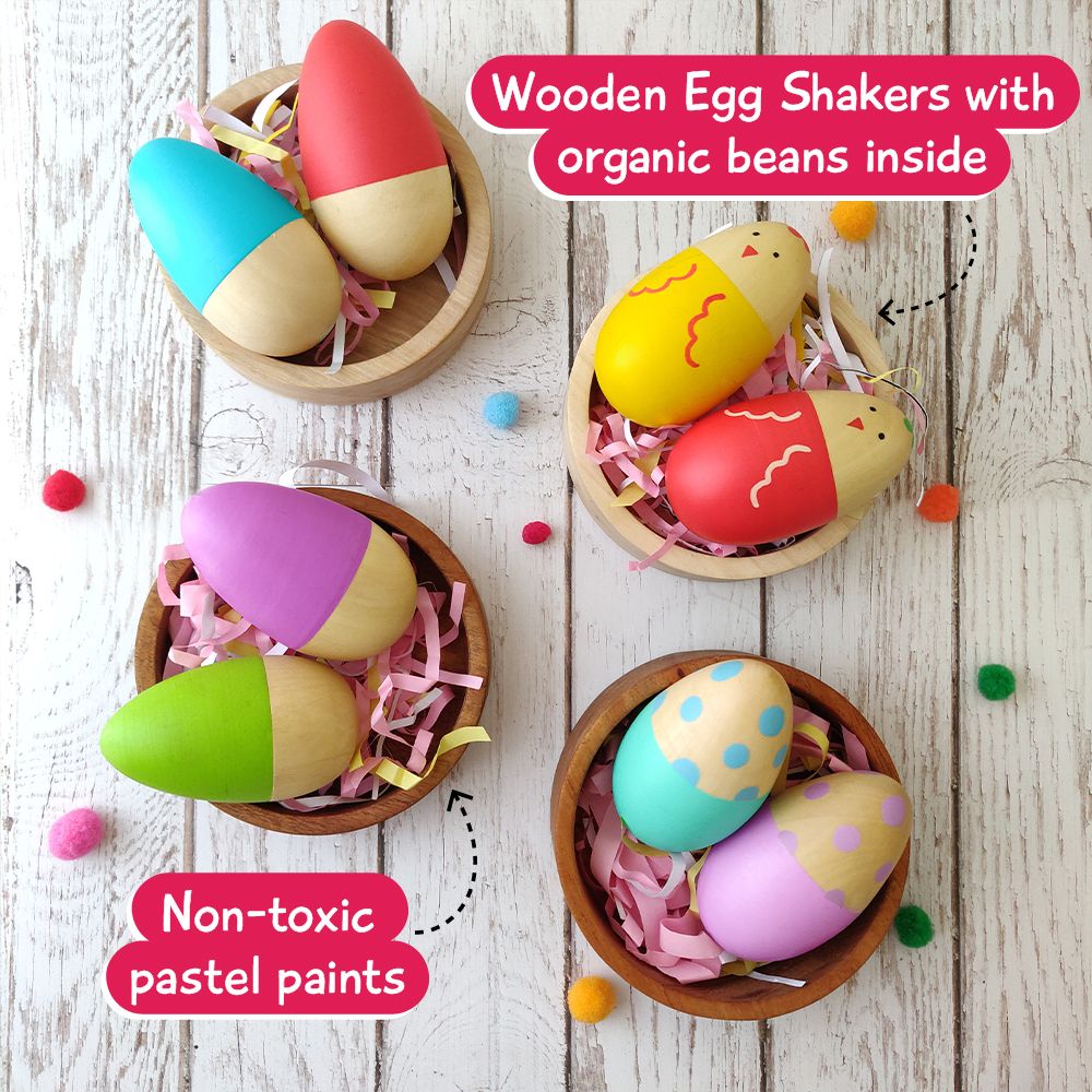 Don't have to hunt far for #eastereggs! Pick an adorable pair from our range of egg shakers. Safe for your little bunny! buff.ly/3wh3jY4
Smooth colourful  egg-shaped rattles of natural wood with little organic beans inside to make pleasing sounds. 
100% child-safe