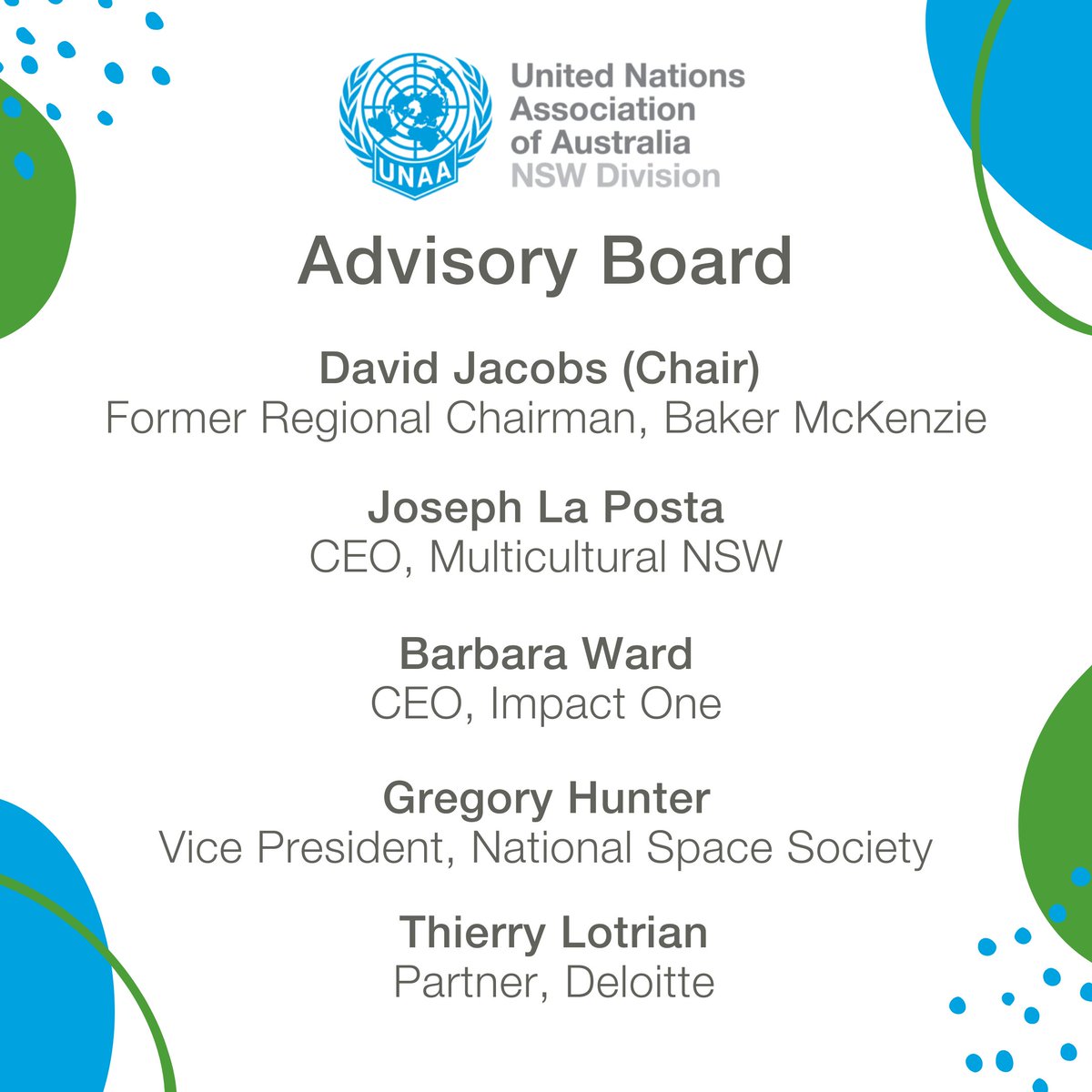 unaansw's tweet photo. Meet our new Advisory Board! They will provide strategic advice on how we can best inform, inspire, and engage the community about the United Nations. We look forward to working with you David Jacobs, @Joseph_LaPosta, Barbara Ward, @ThierryLotrian and Gregory Hunter. https://t.co/JSwZaha10K
