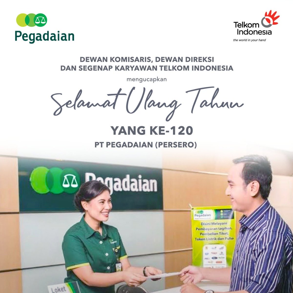 TelkomIndonesia's tweet photo. Selamat ulang tahun ke-120 PT @Pegadaian (Persero), semoga terus sukses menjadi the most valuable financial company di Indonesia dan sebagai agen inklusi keuangan pilihan utama masyarakat.
#DigitalBisa #UntukIndonesiaLebihBaik https://t.co/Ohg5FNzHPK