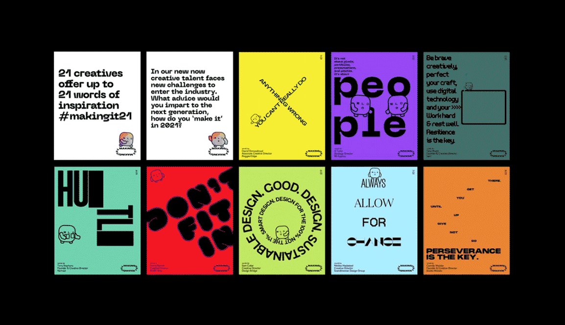WhatDesignCanDo's tweet photo. The last year hasn't been easy, especially for emerging creatives trying to make it in the industry.
To offer them a little visual relief, #MakingIt21 is a new series of animated posters quoting 21 pieces of advice from 21 brilliant designers. → https://t.co/aLBNfLD19I https://t.co/wPMBAQGJMI