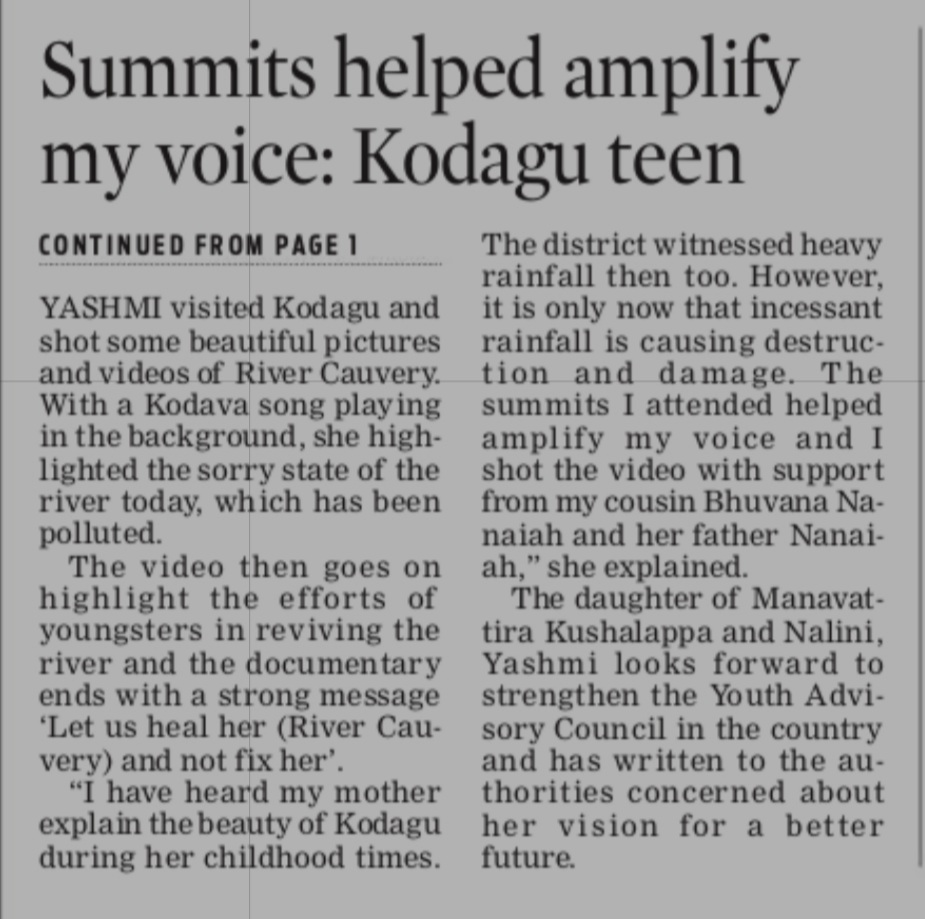 Yashmi Dechamma of Kodagu has been selected to attend a UN summit at Hawaii after her video on reviving River Cauvery won the story telling  competition at the H2021 Water Summit. <a href="/XpressBengaluru/">TNIE Karnataka</a>