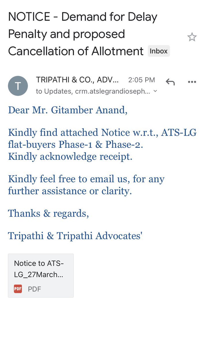 ATS_LG150's tweet photo. Notice has been received by team ATS! We received a call from team ATS to check if 107 flat buyers have authorised the Notice? We will wait for reply wrt delay compensation from ATS.. and then decide the next move!

@ATSGREENSLTD @bani_g_anand #ATSLG150Undelivered @TOINoida https://t.co/FYiIzHID6a