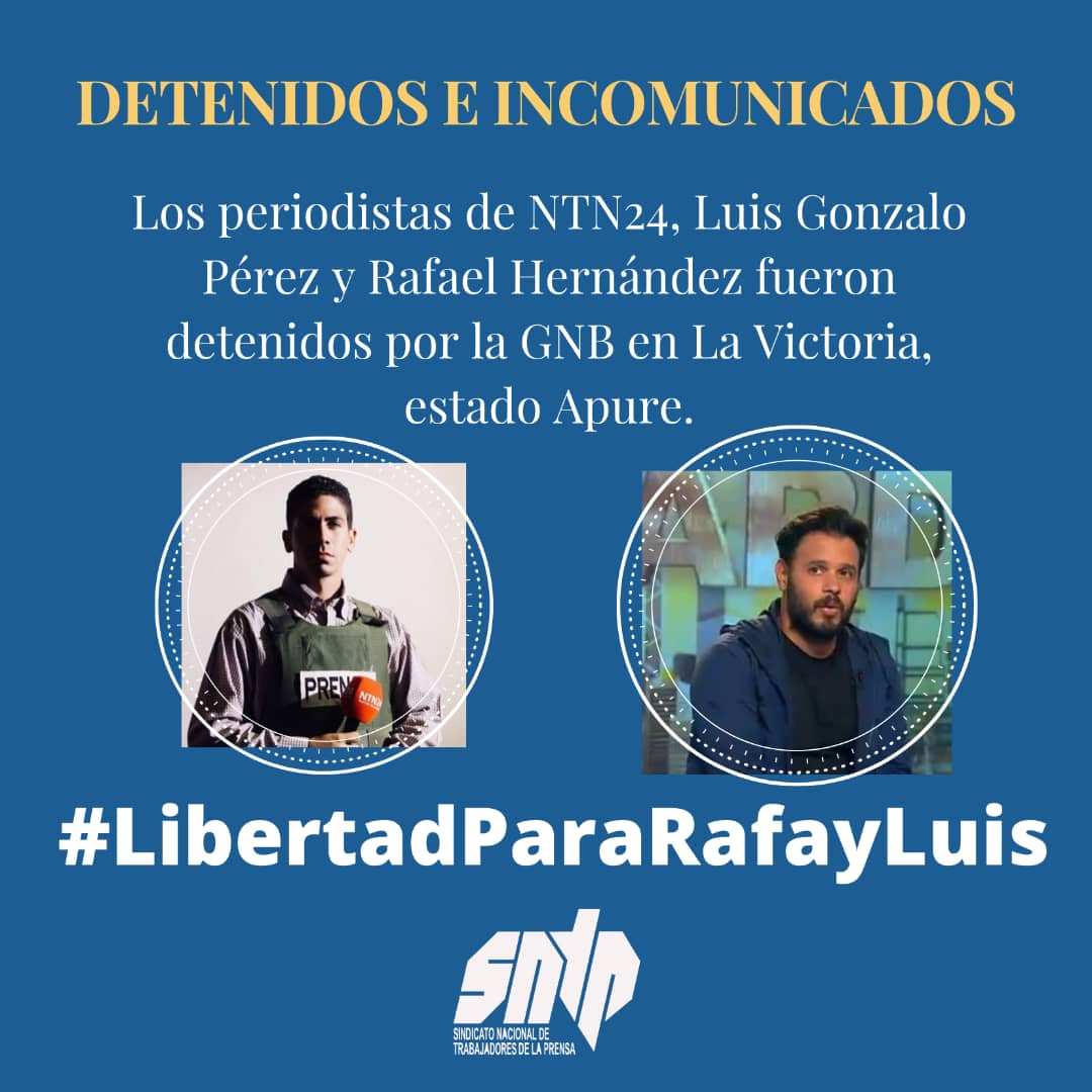 #LibertadParaRafaYLuis El Sindicato Nacional de Trabajadores de la Prensa exige la liberación de los colegas periodistas, quienes están cubriendo lo que ocurre en la frontera venezolana, ante el conflicto armado registrado en #Apure desde hace casi dos semanas