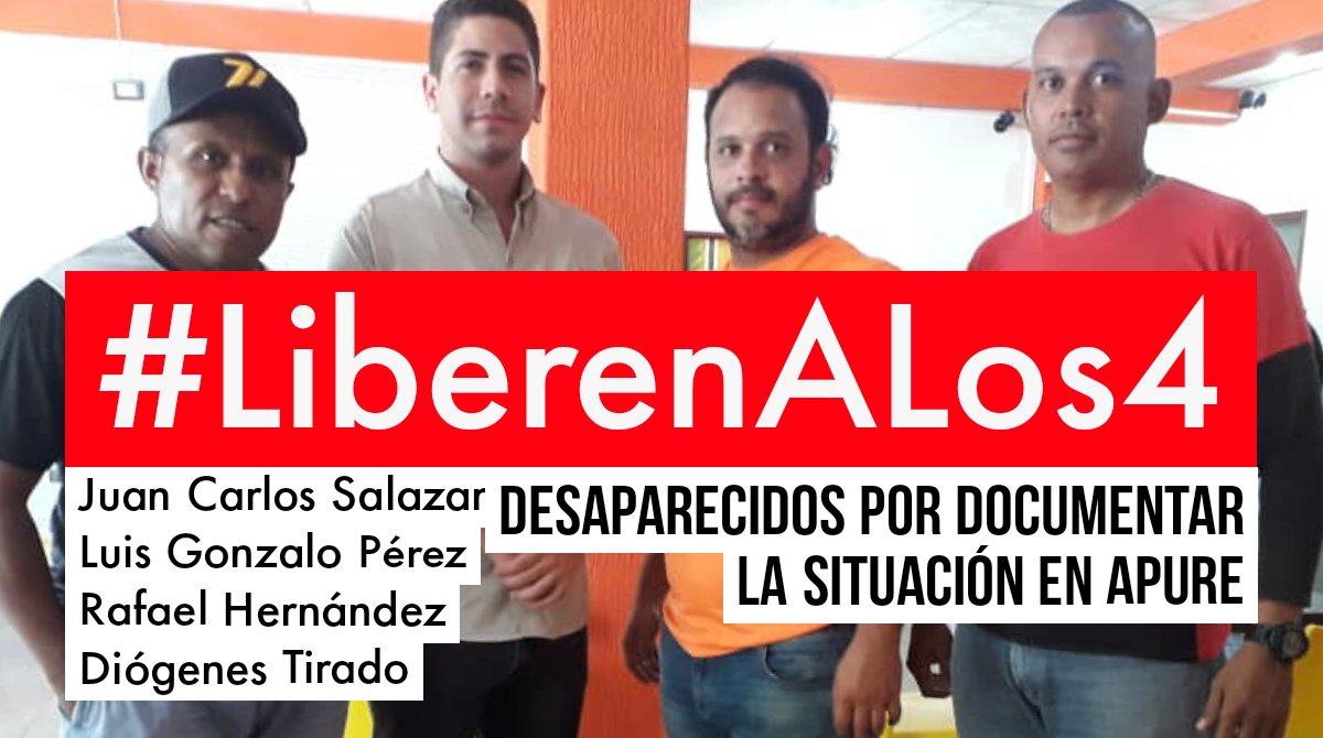 _Provea's tweet photo. Ayúdanos a exigir la liberación de los periodistas Rafael Hernández y Luis Gonzalo Pérez, y de los activistas Juan Carlos Salazar y Diógenes Tirado, quienes están desaparecidos a manos de la GNB desde las 4 PM de este miércoles 31 mar en Apure.
@mbachelet

Exigimos #LiberenALos4 https://t.co/8Qu1QfIdwz