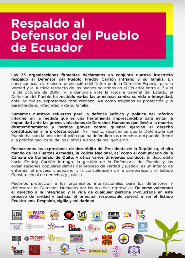 EcLaraiz's tweet photo. Desde @EcLaraiz nos sumamos a las organizaciones firmantes en respaldo y solidaridad con el Defensor del Pueblo.
La búsqueda de la verdad, justicia y reparación sobre lo sucedido en Octubre 2019 debe ser el objetivo que nos convoque a todos y todas ✊🏼❤️🇪🇨
#EstamosConElDefensor https://t.co/p1gcMj1qwa