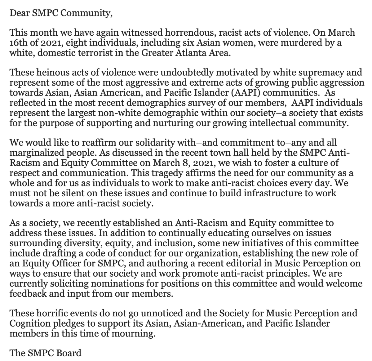 socmusicperccog's tweet image. Most recent board statement of solidarity with #AAPI communities sent out to all members. We have recently formed Anti-Racism and Equity committee to create positive change in our disciplines(s) and beyond. We welcome your input and feedback. #musicscience
