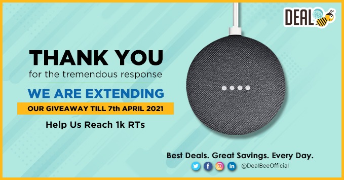 DealBeeOfficial's tweet photo. The biggest contest is here #DealBeeGiveaway

760+ RTs are done only 240 more to go.

Help us reach 1k RTs on the giveaway tweet to unlock #GoogleHomeMini

You have time till 7th April!

#RT &amp; #Tag show us support ❤️ &amp; let more people know about our awesome #Giveaway https://t.co/U3ZVtiamTn