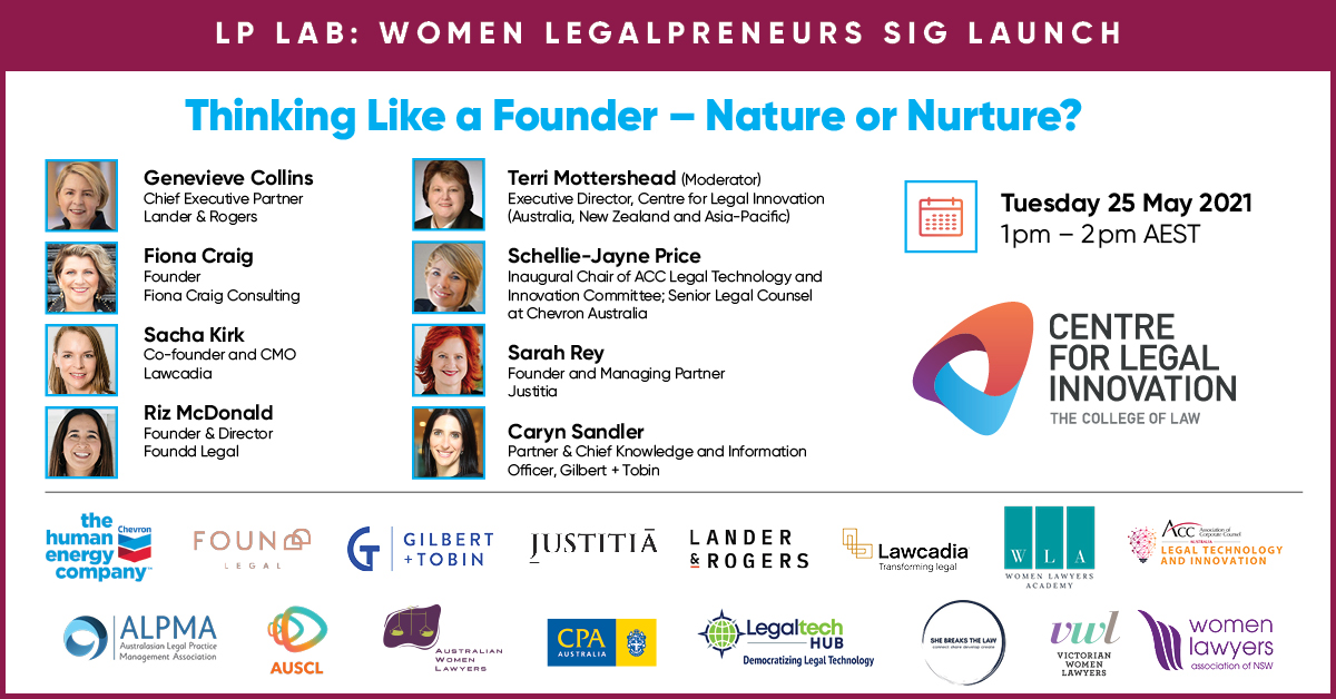Women Legalpreneurs SIG (WLSIG) Launch: Thinking Like a Founder - Nature or Nurture? 25 May 1pm-2pm AEST. Register: bit.ly/3dmOlXL
This event celebrates women in business and launches our WLSIG - part of CLI's Legalpreneurs Lab! It's FREE, VIRTUAL and GLOBAL.