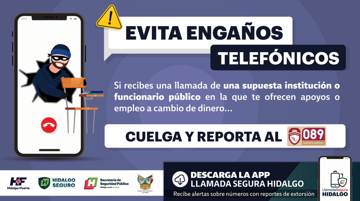 SSP_Hidalgo's tweet photo. 🚫 No te dejes engañar. ¡Cuelga y denuncia!

📲 La aplicación #LlamadaSeguraHidalgo es una herramienta desarrollada por el C5i Hidalgo contra la extorsión telefónica.

Descárgala 
Google Play: https://t.co/iOdKse0vLI y
App Store: https://t.co/2ynSrOBKc6
#HidalgoSeguro https://t.co/tzokRgdsNT
