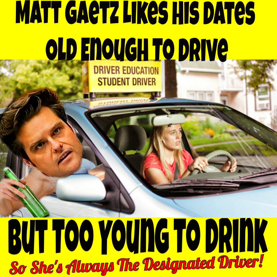 margie_hathaway's tweet photo. Imagine meeting a friend &amp; his girlfriend for happy hour but the date isn't old enough to drink.... but she's old enough to drive! Maybe this is how @RepMattGaetz
Ensures he never has to be the sober one to drive home 😭🤮🤣
#GOPedoes
#PrisonGaetz
#MattGaetzIsAPerve #Trump https://t.co/CJXRMlolND