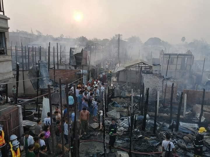 Some 100 homes were destroyed in a fire that broke out at around 4:30 a.m. on April 1 in #Mandalay’s Tagundaing Township. #WhatsHappeningInMyanmar