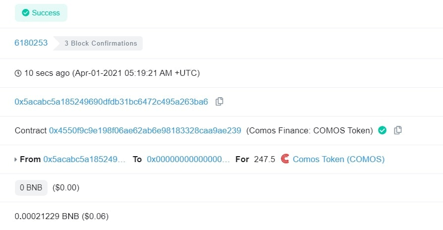We just Buyback and Burned 248 COMOS
Buy: bscscan.com/tx/0x90a96b4e7…
Burn: bscscan.com/tx/0x0f99df551…
<a href="/ComosF/">Comos Finance</a> #YieldFarming #BinanceSmartChain #Bitcoin #BNB #BSC #DeFi #crypto #bitcoin #COMOS