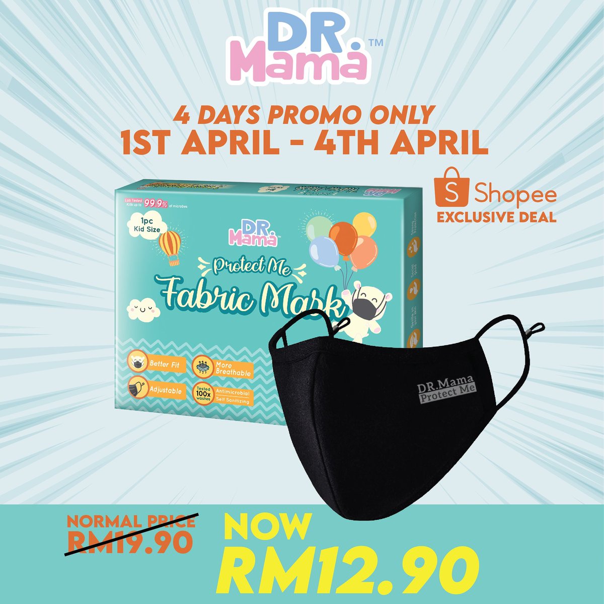 DrMamame's tweet photo. Attention, everyone 🎊🎉 

Come join Dr. Mama Shopee Exclusive Deal with more than 35% discount on Protect Me Mask (Kids) for 4 DAYS  starting on the 1-4 April!

*Terms and conditions apply. While stocks last. Promotion valid from 1-4 April 2021. https://t.co/S58afi5Dz3