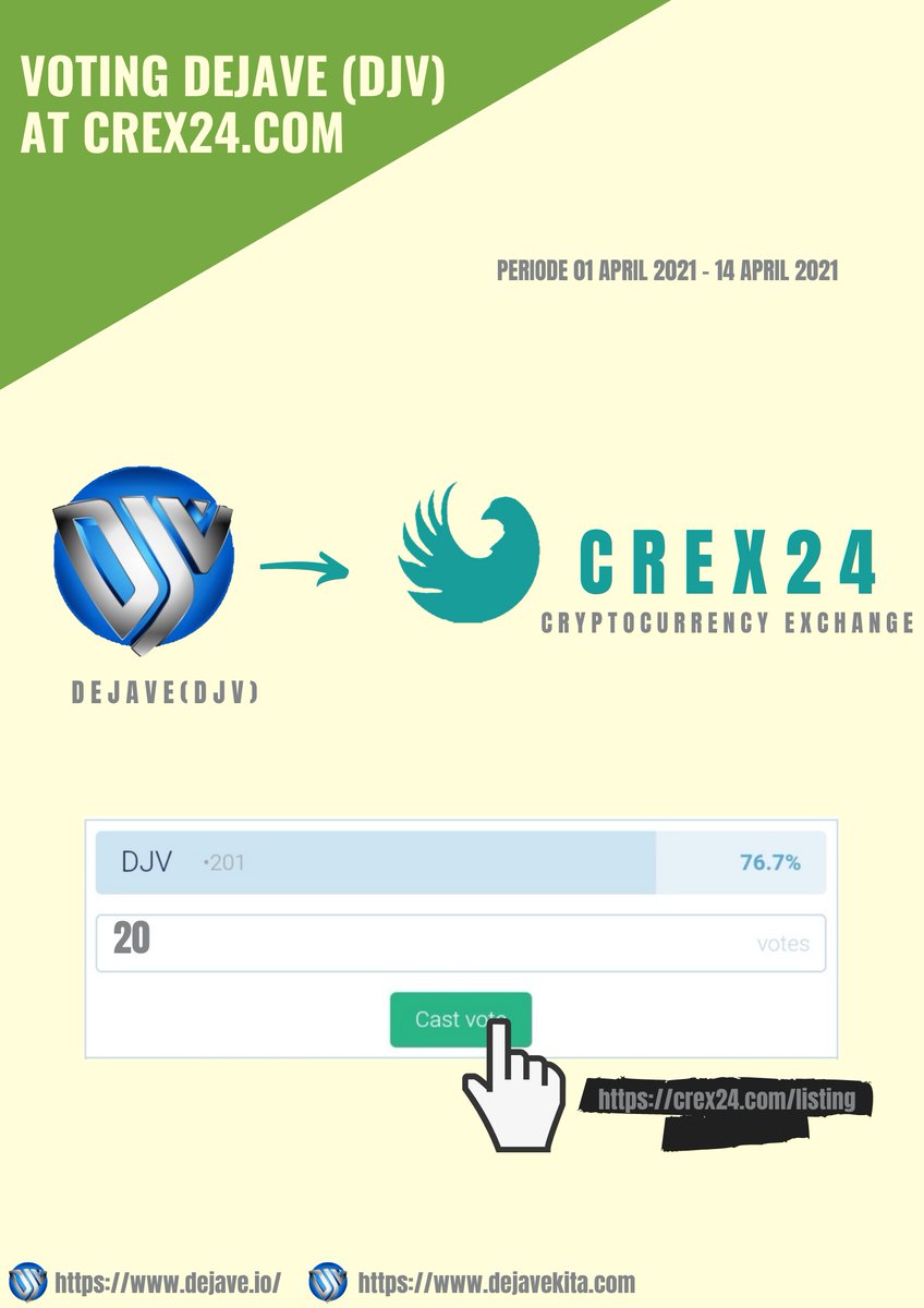 nandodejave's tweet photo. Letsgo Vote $DJV at https://t.co/BkskGyNWMA from now 😎

Done Forget Follow twitter
@Crex_24 
@NANDODEJAVE 

#djv #dejavevoting #crex_24 #nandodejave #coinmarketcap #coingecko #CryptoNews
#hidejavetothemoon https://t.co/rO7lfTcSuY