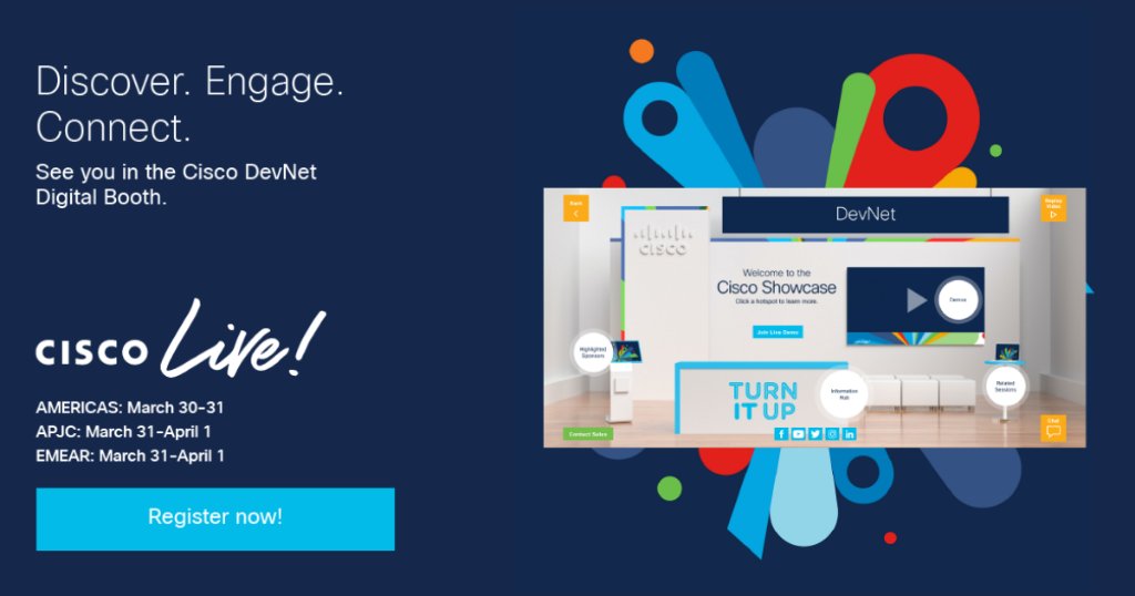 CiscoEvents's tweet photo. Don't miss your chance to check out the Cisco DevNet booth in the #CiscoLive World of Solutions. Explore use cases. Play the Capture the Flag DevNet Challenge to win freebies, and much more. https://t.co/NesngPd4UK https://t.co/IpAQMqmQ26