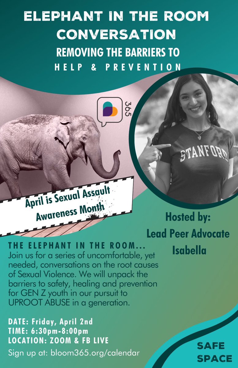 UprootAbuse's tweet photo. APRIL IS SEXUAL ASSAULT AWARENESS MONTH #SAAM
Join #BLOOM365 peer advocates for an uncomfortable, yet necessary, Elephant in the Room Conversation THIS FRIDAY. We’ll unpack the barriers to reporting/seeking help for students assaulted in & out of school.
#UprootAbuse #prevention https://t.co/K8NqIMTUmN