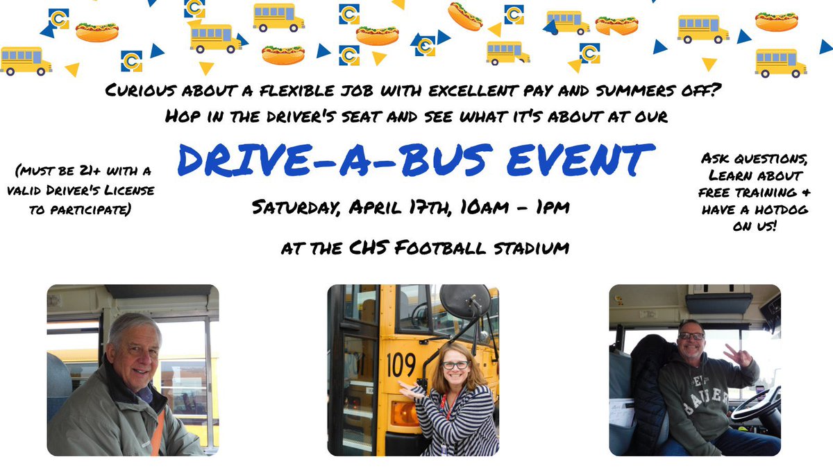 Ccshr's tweet photo. We are hiring bus drivers and you can take a bus for a test drive on Saturday, April 17th from 10am - 1pm at the CHS football stadium.  See you there! https://t.co/GFCT5qDava