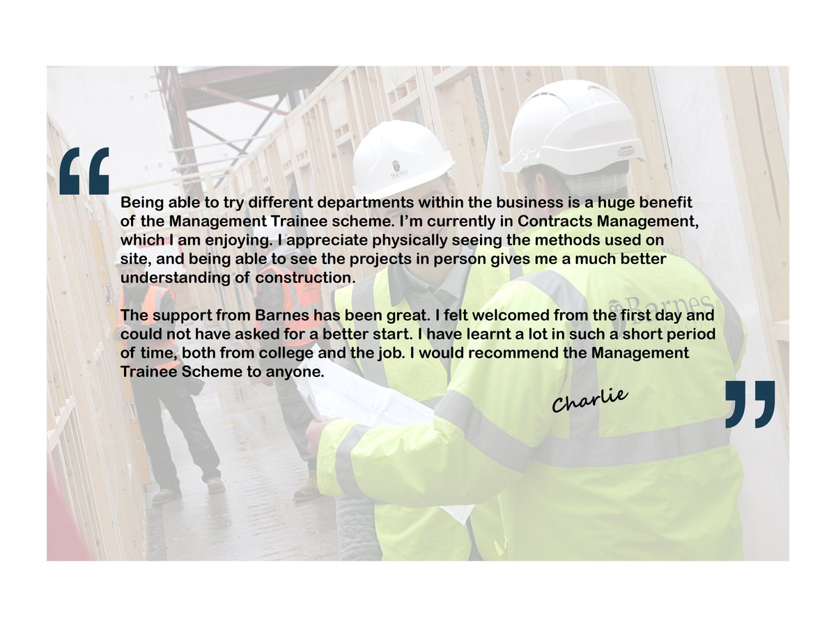 BarnesConstrctn's tweet photo. Applications for the 2021 intake of our Management Trainee Scheme are now open! Alongside gaining experience in all areas of our business, our trainees study for a BSc(Hons) degree qualification on day release, fully funded by us. More information: https://t.co/H7UBosLd1d https://t.co/JXGcPPY40H