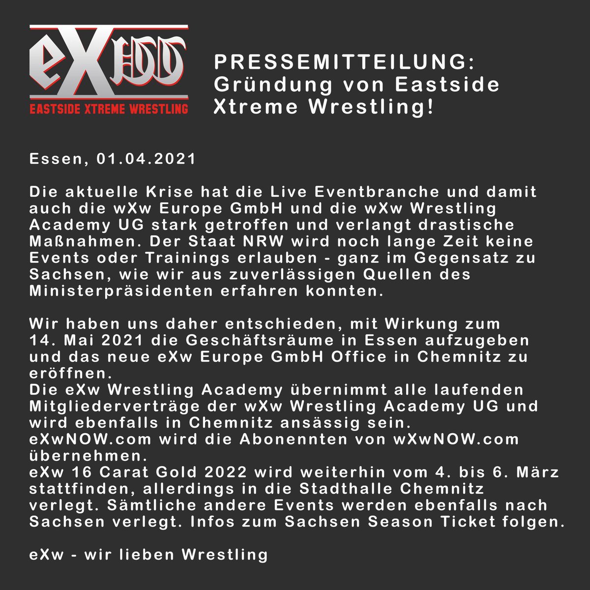 BREAKING NEWS!

Pressemitteilung zur Gründung von EASTSIDE XTREME WRESTLING.
