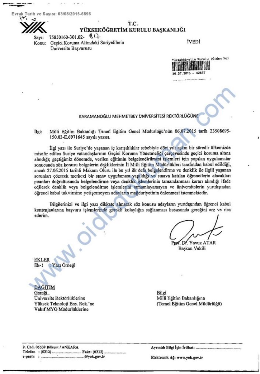 SKANDAL‼️
2015,YÖK Karamanoğlu Mehmetbey Üni.Rektörlüğüne özel yazı göndererek  üniv.“kabul kontenjanına”başvuran Suriyeli öğrenciler için“GEREKLİ KOLAYLIĞI”sağlanmasını talep ediyor! 
Bu ihanet talimatını verene,uygulayana soruşturma,öğrencilerin ise lisansları iptal edilmeli!