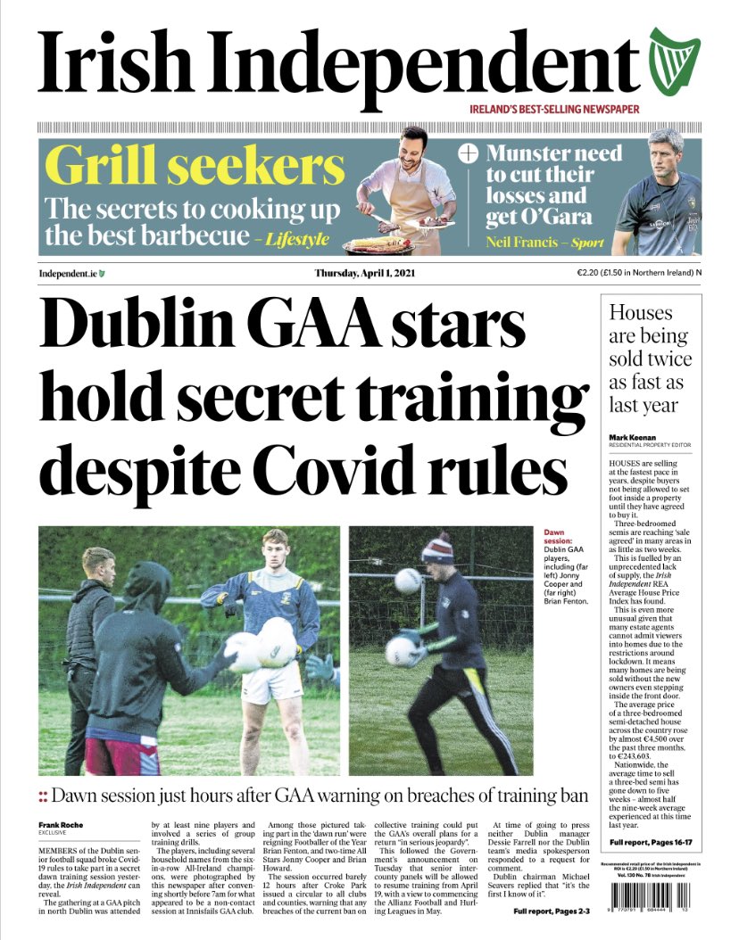 KevDoyle_Indo's tweet photo. Big story on the frontpage today:

Dublin footballers engaged in secret dawn training session hours after GAA warned all counties that any breaches of Covid rules could put their return plans “in serious jeopardy”. https://t.co/w463VDfy7D
