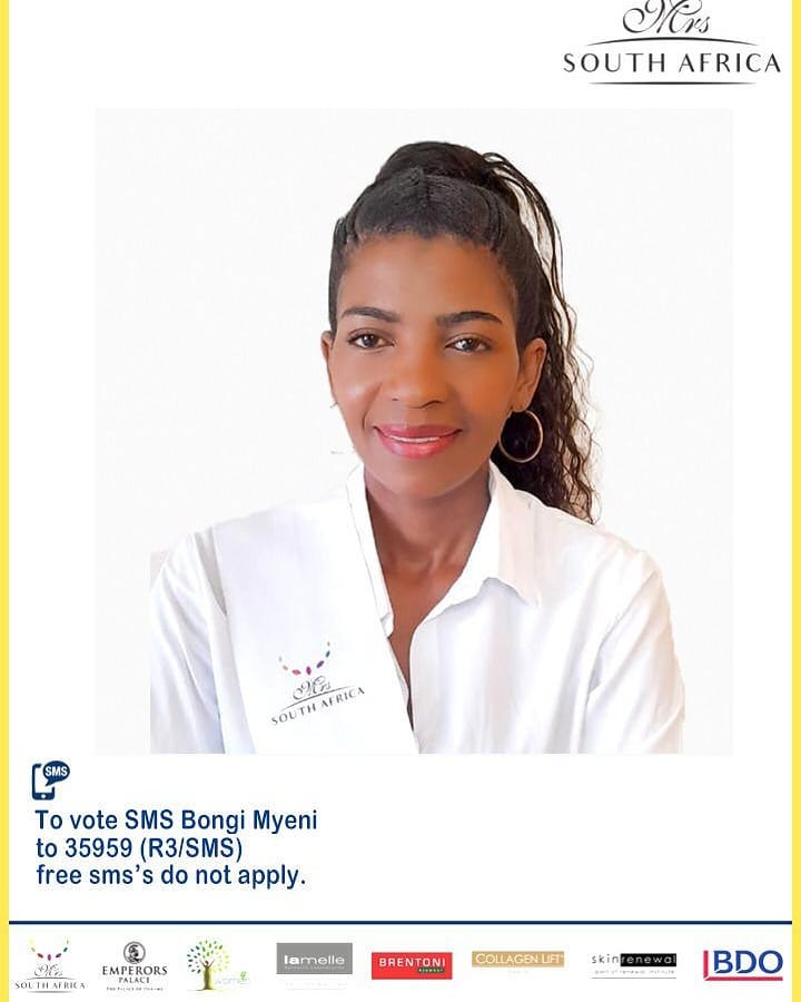 She's a champion for women empowerment. Support her campaign to become Mrs South Africa 2021.

Vote for her by SMSing Bongi Myeni to 35959 (R3/SMS). 
#MrsSouthAfrica2021