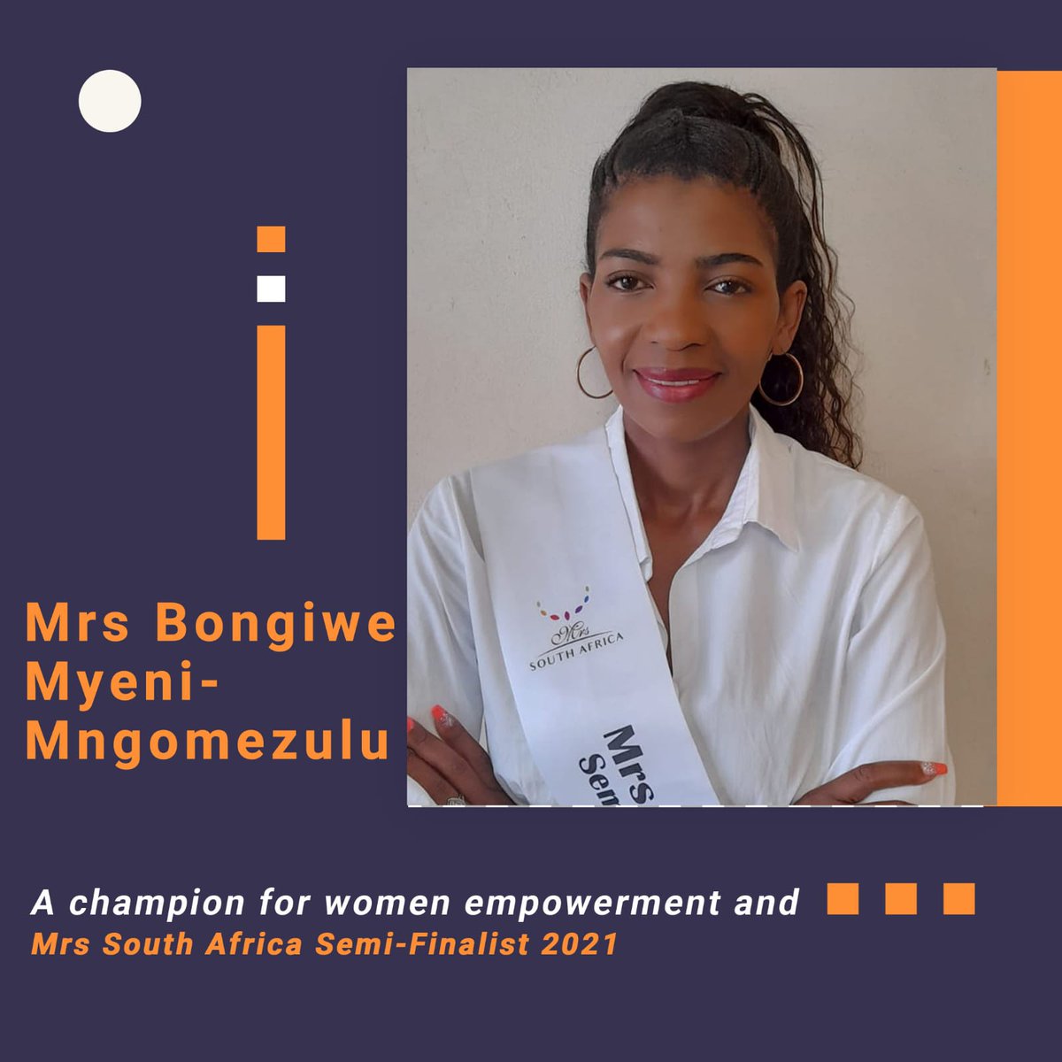 GlobalPro_Comm's tweet photo. She's a champion for women empowerment. Support her campaign to become Mrs South Africa 2021.

Vote for her by SMSing Bongi Myeni to 35959 (R3/SMS). 
#MrsSouthAfrica2021 https://t.co/JSbKRgM21L