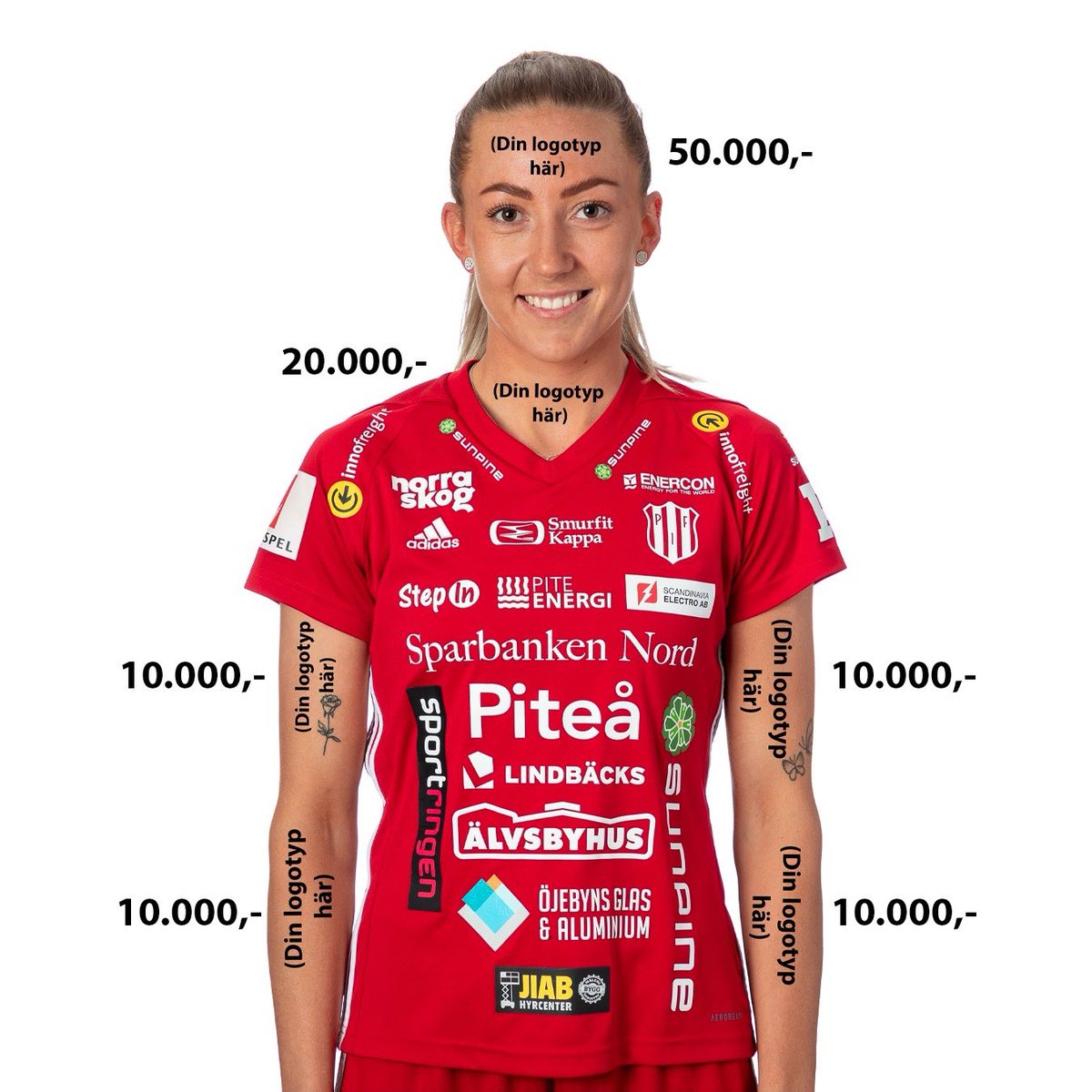 Ettersom vi ikke har mer reklameplass på draktene tilbyr vi nå fake-tatovering med logoen til din bedrift! Kjøp plass fra 10.000kr og få logoen til på armen til alle spillere i én kamp i <a href="/_OBOSDamallsv/">OBOS Damallsvenskan</a>. Ved interesse kommenter under så tar jeg kontakt på DM 🙌