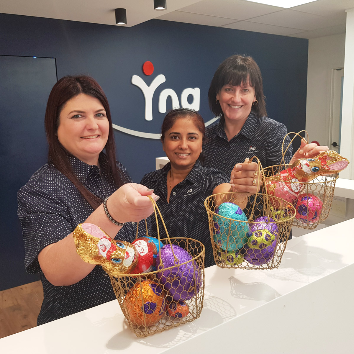 YourNursing's tweet photo. We are some very happy bunnies here at YNA! The Easter Bunny sent three of his finest YNA helpers, Julie, Payal and Kaylene to hop around the office and deliver chocolate and smiles. #teamYNA https://t.co/jAM5pNRqXy
