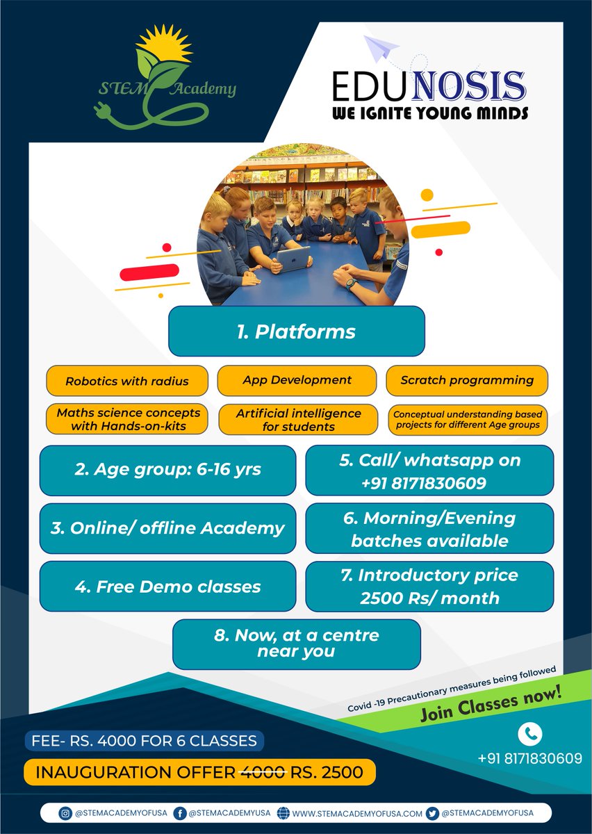 It’s the right time now to enroll you’re your child with STEM Academy of USA at a centre near you now in morning or evening batches as per your convenience!

Free Demo classes available! 

Learn more about STEM... Register now!

+91-8171830609 | info@stemacademyofusa.com

#STEM