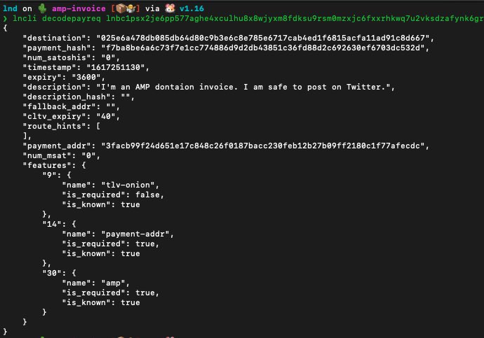 Example of a one-time AMP donation invoice, which unlike MPP invoices, are safe to post publicly. 

The next development chapter will be adding support for recurring payments.

Public, recurring invoices will deliver us to the static-donation-invoice-in-bio promised land. 🚀