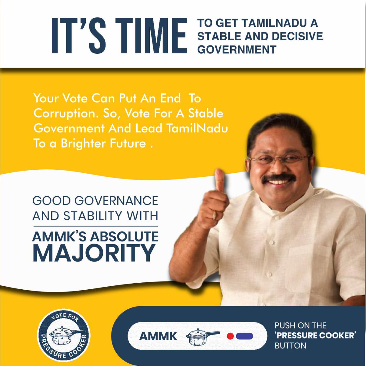 AMMKTNITWING's tweet photo. Your Vote Can Put An End To Corruption
So, Vote For A Stable Government And Lead TamilNadu To A Brighter Future .
#Vote4AMMK #Vote4TTV #Vote4PressureCooker https://t.co/4x8efNGBKH