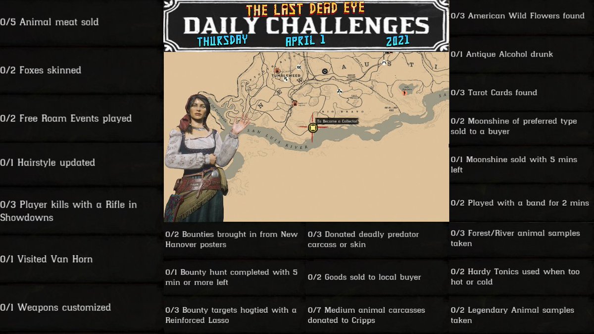 SithMasterWHO's tweet image. Fox Madam Nazar Locations Daily Challenges RDR2 Red Dead Online (4/1/21)

Free Roam Event Schedule
richardwestenra.com/rdr2-free-roam…

#RedDead #RedDeadOnline #RedDeadRedemption #RedDeadRedemption2 #RDR2
#RDR2Online #DailyChallenges #RedDeadDailyChallenges #RDO #RedDead2
