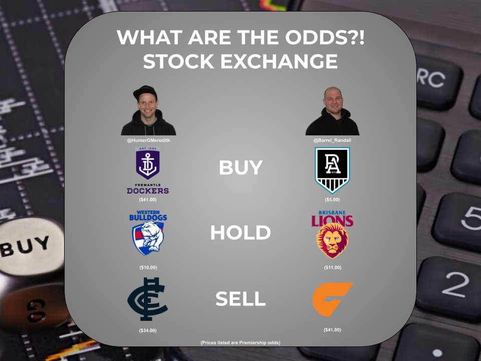 WATOsPod's tweet photo. 📈 BUY, SELL, HOLD - #AFL RD 2 📉 

If there's Port Adelaide stock available @Barrel_Randall is buying ALL OF IT but wants a new leader at GWS.

@HunterGMeredith is inside the Purple Haze but doesn't want to suffer the Blues anymore...

LISTEN to #WATOs - https://t.co/I0DJ9j7XLm https://t.co/UR9GMDVOe5