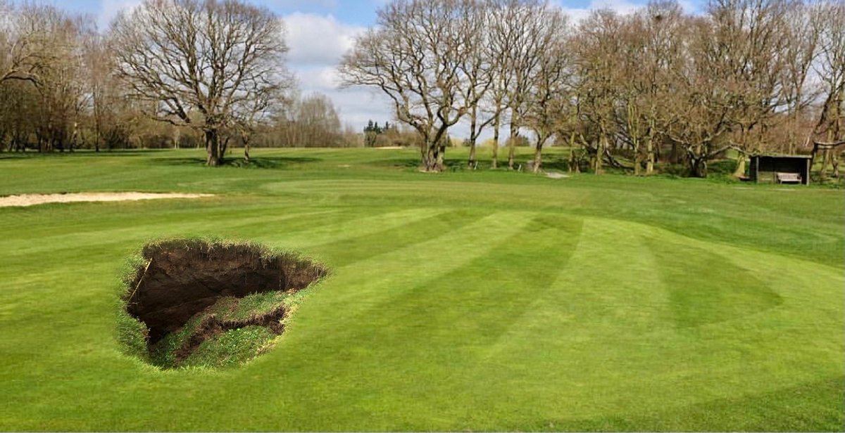 Forresterpark's tweet photo. Caution golfers! ⚠️  Unfortunately, even though we have only just re-opened we’ve been hit with some huge bad luck as a sink hole has formed on the right rear of the 10th green 😔 

We’ve had to temporarily close that green whilst we reconstruct the area and figure out the cause https://t.co/Yhji8Z6Bxd