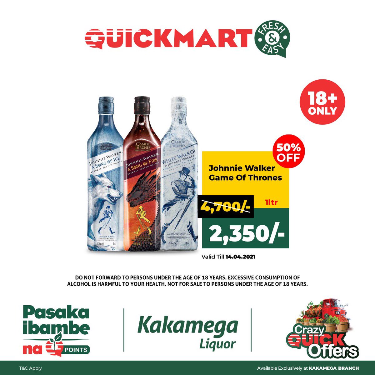 QuickmartKenya's tweet photo. Leo tuko Kakamega with Super Crazy Quick offers🍻🎉. Enjoy up to 50% OFF on your fave liquor. Kakamega this is for you. Usikose!💃🏼🍻
🚩 VALID at Quickmart Kakamega only.
#Quickmart41
#QuickLiquor
#PasakaIbambeNaQuickmart https://t.co/k0UfJsrTaG