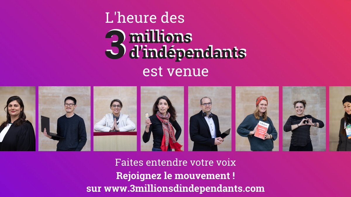 🕘 L'heure est venue !
Nous sommes 3 millions d'indépendants et fiers de l'être. Aujourd'hui c'est à nous de choisir nos règles : c'est pour cela que nous lançons une consultation nationale sur le site 3millionsdindependants.com
#syndicat #independants #3millionsdindependants