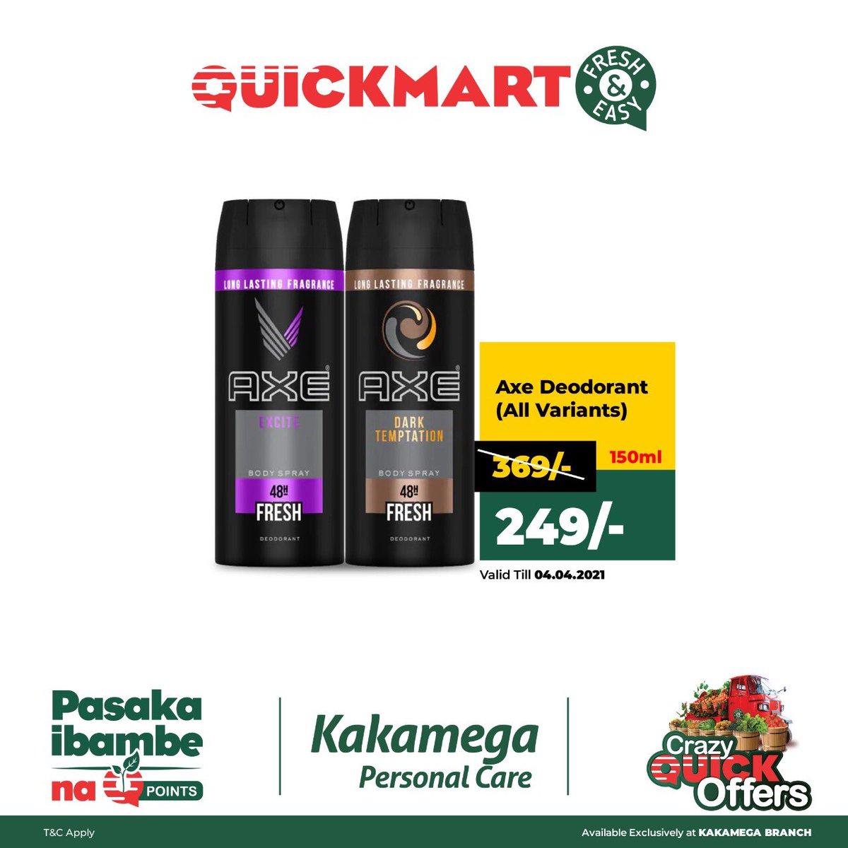 QuickmartKenya's tweet photo. Early Easter treat inafanyika hapa Kakamega!🎉 SUPPER SLASHED prices on a select number of personal na home care items. Too little time, TOO MANY OFFERS! Usipitwe na opportunity ya kusave.
🚩 VALID at Quickmart Kakamega only.
#Quickmart41
#FreshandEasy
#PasakaIbambeNaQuickmart https://t.co/nXbXTC0wBf