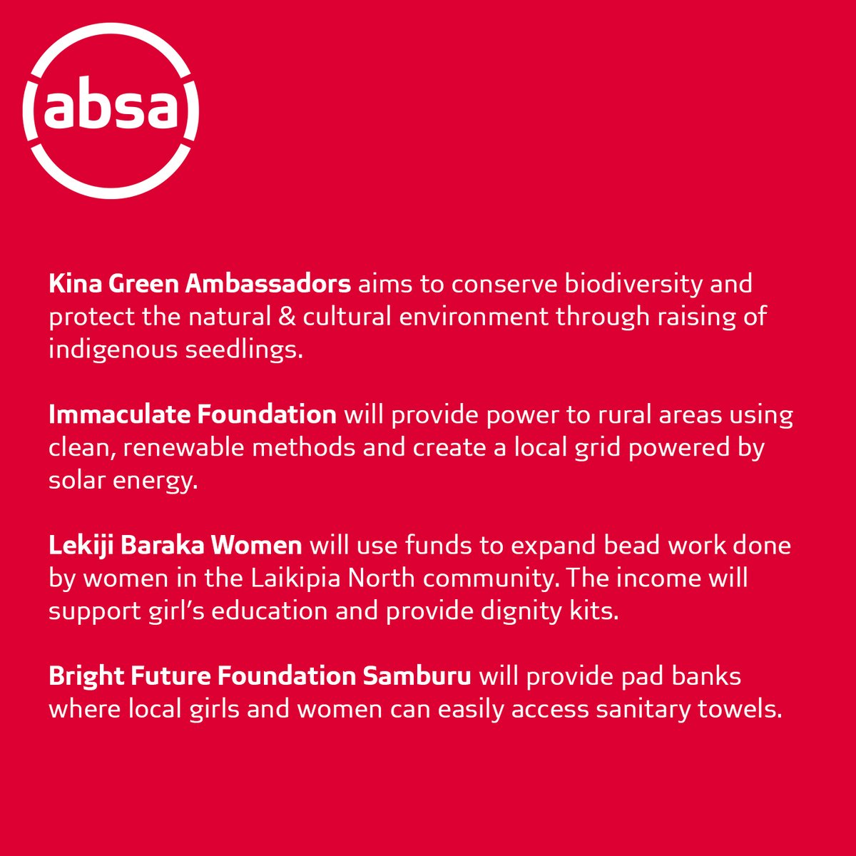 AbsaKenya's tweet photo. As we celebrated turning One, we asked you to share with us ideas on community initiatives we could bring to life. We are happy to bring to you the four shortlisted initiatives by @KiGA2021 @BonifaceOduor7 @FardosaaHassan @lelemoyog62 https://t.co/k5in9Xt5fB
