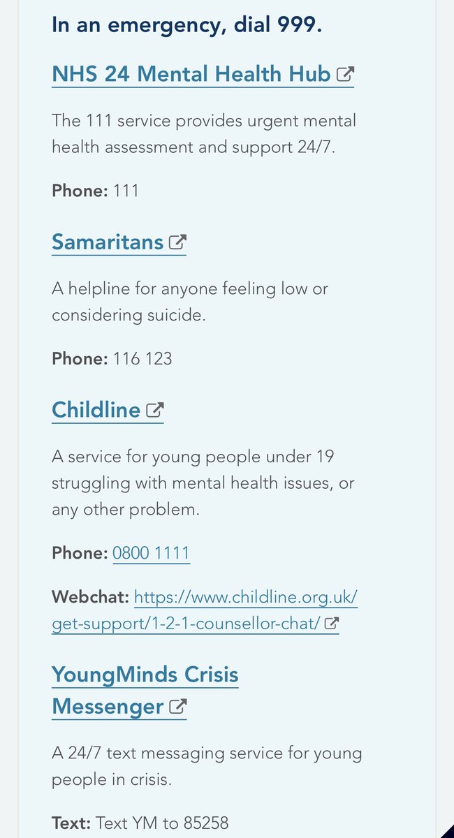 The holiday will be welcomed by many but for some it might be yet another disruption to routine and have a negative impact on mental wellbeing. Please find below some useful numbers / websites if you or someone you know needs help with mental health. <a href="/AlloaAcademy/">Alloa Academy</a> #AlloaHWB