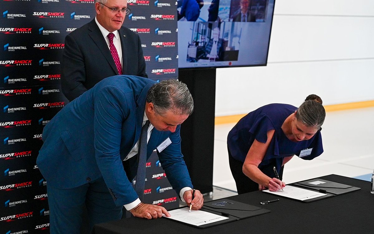supashock's tweet photo. Supashock was very pleased to host the Hon. @ScottMorrisonMP Prime Minister of Australia yesterday to witness the signing of 2 major contracts between @supashock and @RheinmetallAG .

Read More Here: https://t.co/QmSfvcz10W https://t.co/zuelUiodRT