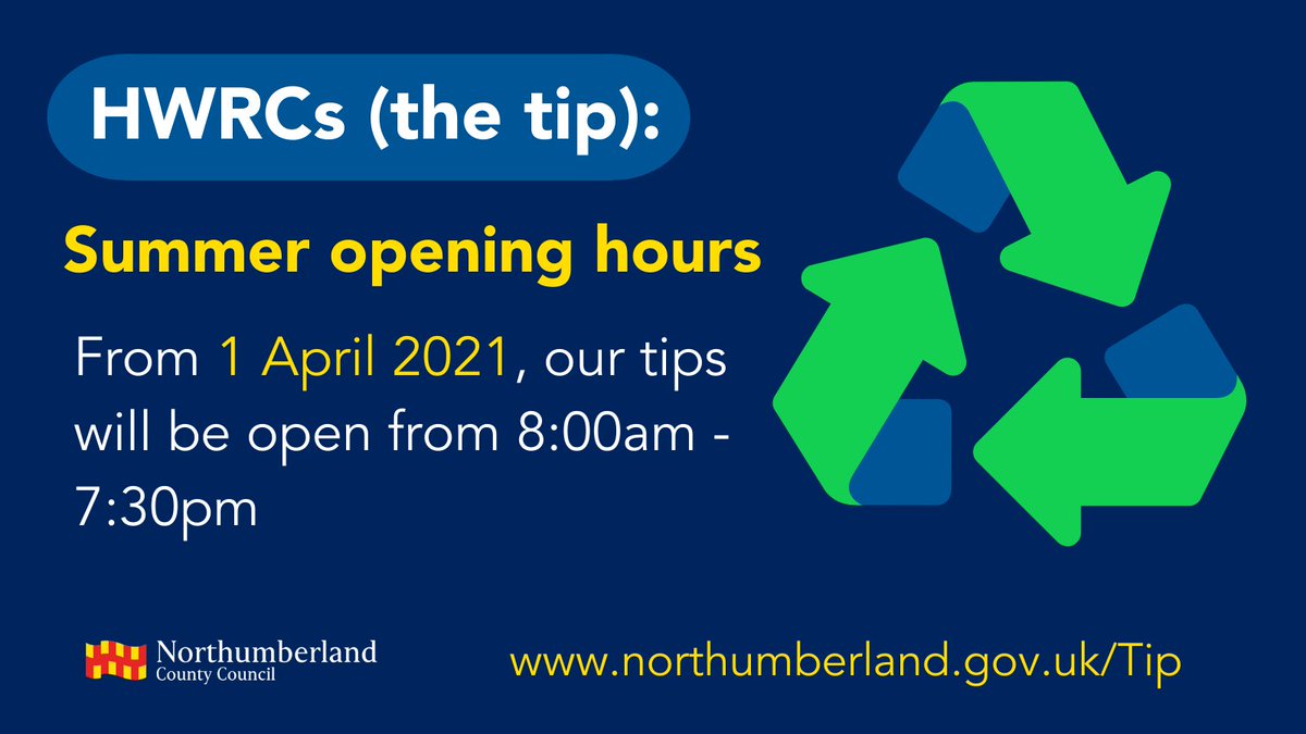 From TODAY (1 April), we’re extending the opening times at our Household Waste Recovery Centres (tips) to 8:00am – 7:30pm.

Find out more about locations, operating hours &amp; site rules here 👇 northumberland.gov.uk/Tip

⚠️ Please only make essential journeys to the tip at this time.